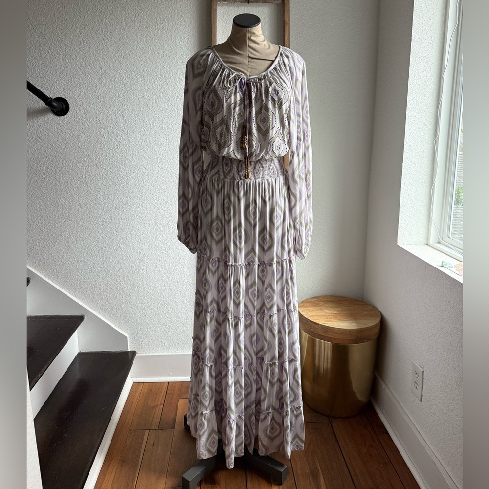 Skemo Ikat Print Beaded Boho Long Sleeved Tiered Maxi Dress Sz: Large